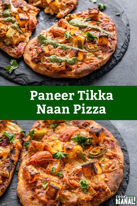 Pizza Indian, Tikka Masala Pizza, Indian Pizza, Paneer Pizza, Naan Pizza Recipes, Vegetarian Pizza Recipe, Naan Pizza, Naan Recipe, Paneer Tikka