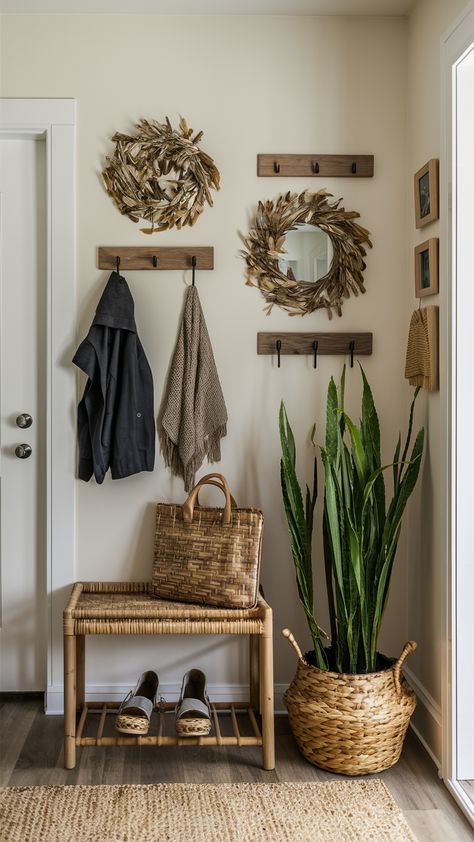 24 Creative Design Ideas for Small Entryways: Storage, Furniture, Closets & Decor Solutions Entryway Table And Hooks, Shoes Storage Small Space, Tiny Entryway Coat Rack Ideas, Apartment Coat Rack Entryway, Diy Entry Shoe Storage, Tiny Entry Way Ideas, Key Holder Entryway Ideas, Small Entryway Hooks, Small Hallway Shoe Storage