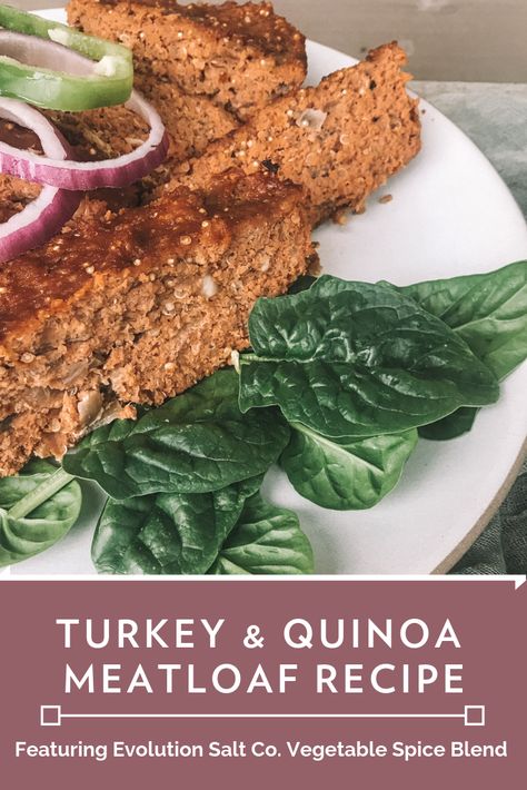 Try this delicious turkey and quinoa meatloaf recipe featuring Evolution Salt Co's Vegetable Spice Blend! Perfect make-ahead meal for a busy week, or to bring over to a loved one's home. #recipe #foodinspo #turkey #quinoa #meatloaf #spices #seasoning #letseat #weeknightmeal #makeaheadrecipe Meatloaf Spices, Turkey Quinoa Meatloaf, Quinoa Meatloaf, Stir Fry Dinner Recipes, Casserole With Spinach, Meatloaf With Oatmeal, Recipe Meatloaf, Turkey Quinoa, Beef Stew Meat Recipes