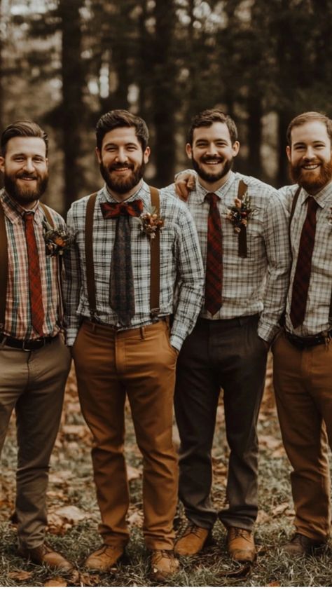 Rustic groomsmen wearing matching vests, suspenders, and boots for a barn wedding. Forest Theme Wedding Groomsmen, Groomsman Attire Suspenders, Flannel Groomsmen Attire, Rust Groomsmen Attire, Terracotta Wedding Groomsmen, Fall Wedding Groomsmen Attire, Groomsmen Attire Suspenders, Groomsmen Attire Ideas, Fall Groomsmen Attire