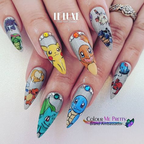 Pokemon handpainted nail art acrylic pikachu charmander Acrylic Nail Designs Character, Charmander Nail Art, Cute Pokemon Nails, Charizard Nails, Pokemon Nail Art Designs, Pokemon Nails Art, Charmander Nails, Pokemon Nails Acrylic, Cartoon Nails Art