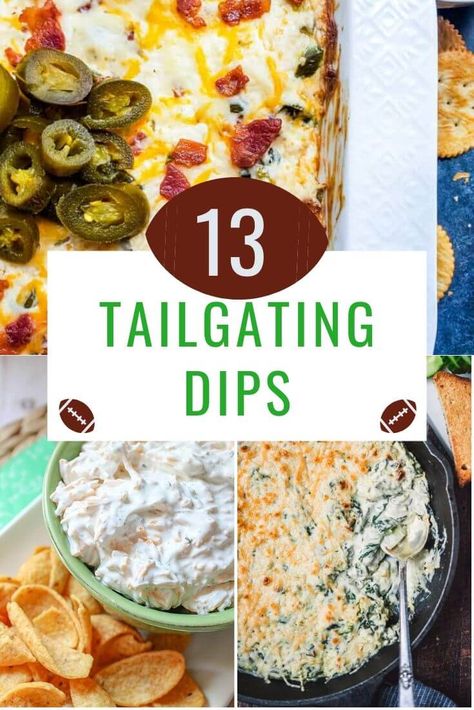 13 Tailgating Dips that will be a huge hit at your next football party. Tailgating Dips, Superbowl Party Dips, Slow Cooker Cheese Dip, Traditional Guacamole Recipe, Tailgate Dips, Tailgate Food Ideas, Cheeseburger Dip, Cold Dip Recipes, Vegan Spinach Artichoke Dip