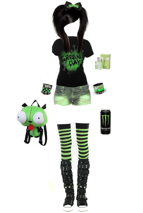 Scean Kid Outfits, Green Goth Clothes, Scene Outfits Summer, Colorful Emo Outfits, Green Emo Outfits, Green Scene Outfit, Pink Scene Outfits, Aliencore Outfit, Scene Core Outfit