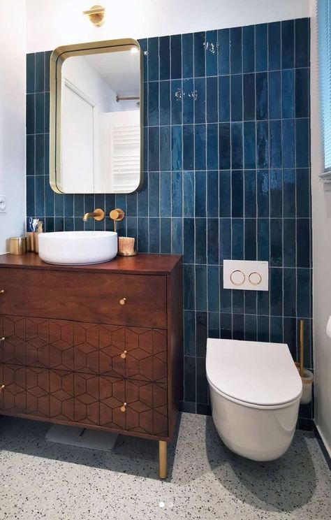 Sinks On Top Of Vanity, Dark Blue And Wood Bathroom, Bathroom Tile And Wallpaper Combinations, Dark Blue Toilet Room, Blue Tiled Bathroom Ideas, Modern Funky Bathroom, Blue And Terracotta Bathroom, Navy Tiled Bathroom, Earthy Blue Bathroom