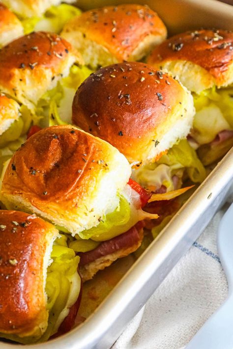 Hot Italian Sliders Hot Italian Sub Sliders, Hot Italian Sliders, Hawian Roll Sandwiches, Italian Sliders, Sliders Recipes Hawaiian Rolls, Rolled Sandwiches, Pressed Sandwich, Tropical Fruit Salad, Picnic Sandwiches