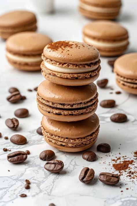 Delicious coffee flavored macaroons stacked beautifully on a light background stock images Mocha Macarons, Mocha Mousse, Delicious Coffee, Light Background, Coffee Flavor, Lights Background, Macaroons, Macarons, Mocha