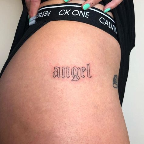 Olde English Font, Tattoo Hip, English Font, Angel Tattoo, Hip Tattoo, Fish Tattoos, Jesus Fish Tattoo, Tattoo Quotes, Tatting