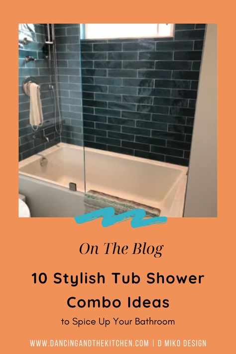 tub shower combo with beachy blue subway tile Bathtub Shower Combo Decor, Master Bath Ideas With Shower And Tub, Jacuzzi And Shower Combo, Bathtub Shower Combo Ideas, Soak Tub And Shower Combo, Tile In Tub Shower Combo, Bathroom Shower Tub, Bathroom Ideas Tub Shower Combo, Tub Tile Ideas Bathtubs