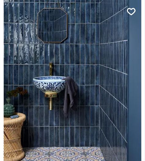 Glazed Bricks, Dark Blue Tile, Dark Blue Bathrooms, Blue Bathroom Tile, Glazed Brick, Deco Studio, Tile Trends, Porcelain Wall Tile, Chic Interior