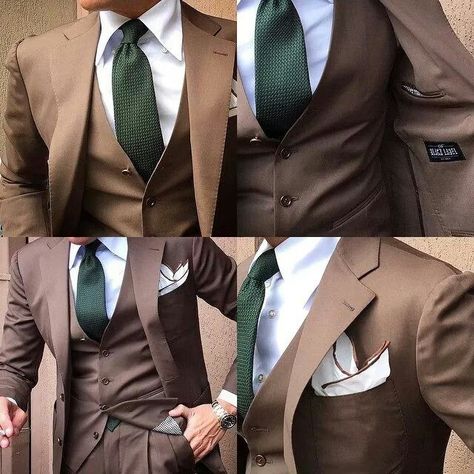 Green Groom Suite, Brown And Green Tuxedo, Brown Suit Green Dress Wedding, Brown Suit Green Tie Wedding, Green And Brown Tuxedo Wedding, Beige Suit Green Shirt Men, Men Emerald Green Outfit, Brown And Green Suit Wedding, Brown And Green Suit Men