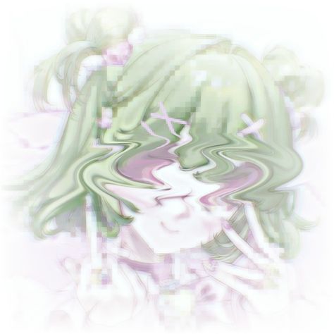 A girl with green hair distorted eyes and pink clothes putting up a middle finger Icon Pfp, Green, Pink