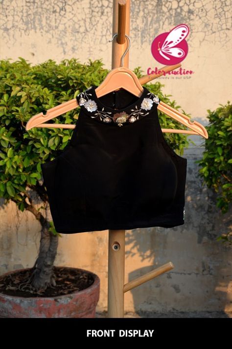 Buy Black Crepe Sequins Handwork Padded Blouse Online in India | Colorauction Black Halter Neck Blouse, Black Net Blouse Designs Latest, Black Blouse Designs For Lehenga, Black Blouse Designs Latest, Black Designer Blouse, Black Blouse Design, Halter Neck Blouse Design, Exclusive Blouse Designs, Lengha Blouse Designs