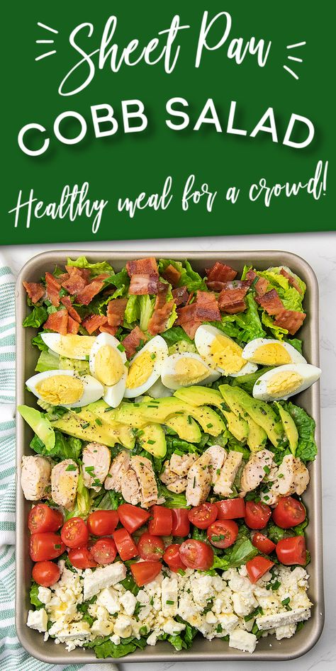 Sheet Pan Cobb Salad is one of my favorite things to throw together when serving a big group! It's a refreshing, shareable recipe that you seriously need to try for yourself! And doesn't it just look beautiful?! Sheet Pan Cobb Salad, Easy Big Group Meals, Salad For Big Group, Good For Large Groups, Cobb Salad For A Crowd, Recipes For Big Groups, Meal For Large Group, Baked Tenderloin, Salad For A Crowd