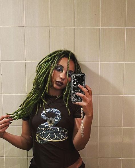 Green And Blonde Locs, Alt Locs, Alternative Locs, Green Aesthetic Black Women, Dark Green Locs Black Women, Dreads Aesthetic, Faerie Grunge, Green And Black Locs, Dark Green Locs