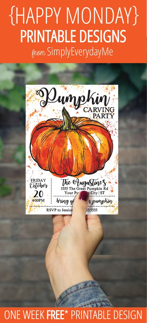 Your weekly free* {HAPPY MONDAY} printable design from SimplyEverydayMe // Pumpkin Carving Party Invitation // Simply edit text using Adobe Reader with your party info, print, create and share... it's that easy! *New to {HAPPY MONDAY}... see details about *free printables here... SimplyEverydayMe... playful party printables... print.create.share #happymonday #SimplyEverydayMe #pumpkincarving #pumpkinparty Kids Pumpkin Carving Party, Pumpkin Decorating Party, Pumpkin Carving Party Invitations, Pumpkin Painting Party, Fall Party Invitations, Outdoor Halloween Parties, Pumpkin Cravings, Fall Harvest Party, Pumkin Carving