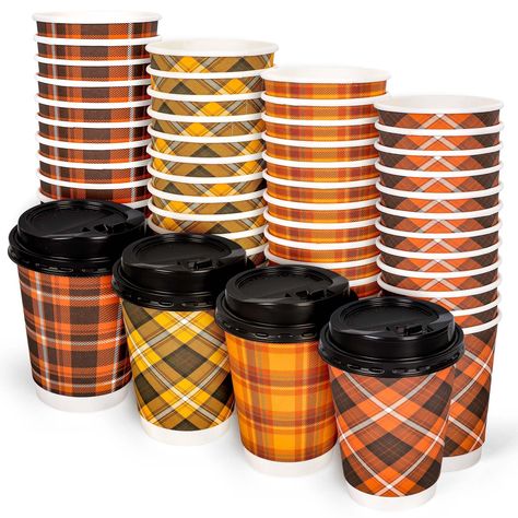 PRICES MAY VARY. THE PACKAGE INCLUDES: 48Pcs fall plaid disposable cups with 48Pcs black lids in four different designs, each type for 12Pcs, will offer large quantity and multiple choices to meet your various daily and party needs. PLAID DESIGN: Our paper coffee cups featuring fall and thanksgiving theme, patterned with various buffalo plaids and colored with various classic autumn colors, pretty and delicate, will nicely increase the fun and seasonal atmosphere. PROPER SIZE: Our paper cups mea Fall Coffee Bar Party, Fall Flannel Party Theme, Flannel Friendsgiving Decor, Flannel Party Theme, Plaid Party Theme, Flannel Holiday Party, Coffee Birthday Party, Party Coffee Bar, Thanksgiving Plaid Table Cloth