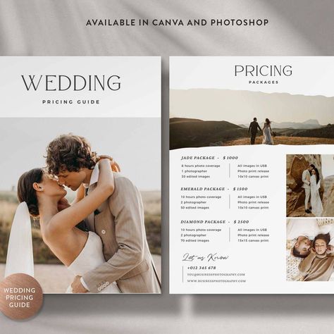 Photography Flyers, Pricing Guide Design, Photographer Flyers, Wedding Photography Templates, Wedding Photography Pricing Guide, Photographers Price List, Photographer Pricing Guide, Wedding Poster Design, Wedding Photography Marketing