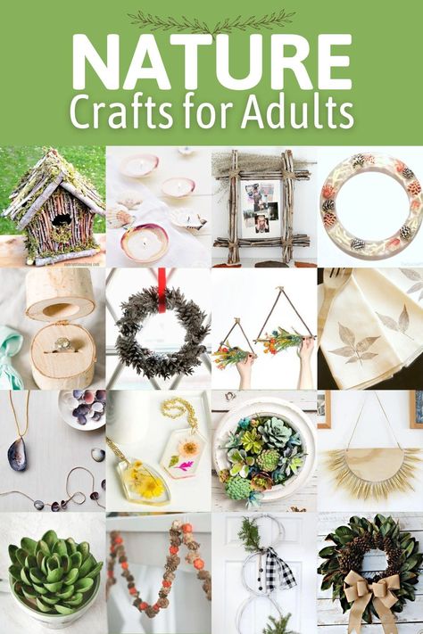 Combine your creativity and the calming feel of the great outdoors with these nature crafts for adults. You’ll transform found organic elements into beautiful creations for your home! Nature Based Crafts For Adults, Garden Club Craft Ideas, Crafts Made From Nature Materials, Diy Nature Decorations, Nature Crafts For Middle School, Nature Walk Activities For Adults, Summer Camp Crafts For Adults, Nature Mobile Diy, Nature Crafts Adults