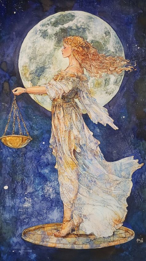 A celestial Libra woman, embodying balance and beauty, illustrated in Alan Bean's ethereal style, blending cosmic hues with serene grace, capturing the harmony of the zodiac. Libra Art Goddesses, Libra Sun Aesthetic, Libra Moon Aesthetic, Libra Illustration, Libra Goddess, Celestial Woman, Libra Moon, Ethereal Style, Libra Woman