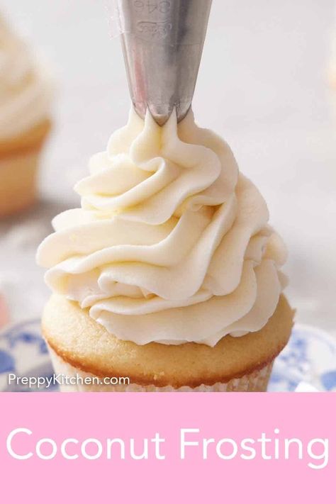 Fluffy and silky, this coconut frosting recipe is a delightful twist on regular buttercream. You can whip up a batch in a flash and even make large amounts to freeze and use later! Coconut Butter Cream Frosting, Coconut Frosting Recipe Condensed Milk, Coconut Cool Whip Frosting, Coconut Buttercream Frosting, Fluffy Coconut Frosting, Toasted Coconut Frosting, Coconut Buttercream Frosting Recipe, Mocha Frosting, Coconut Buttercream