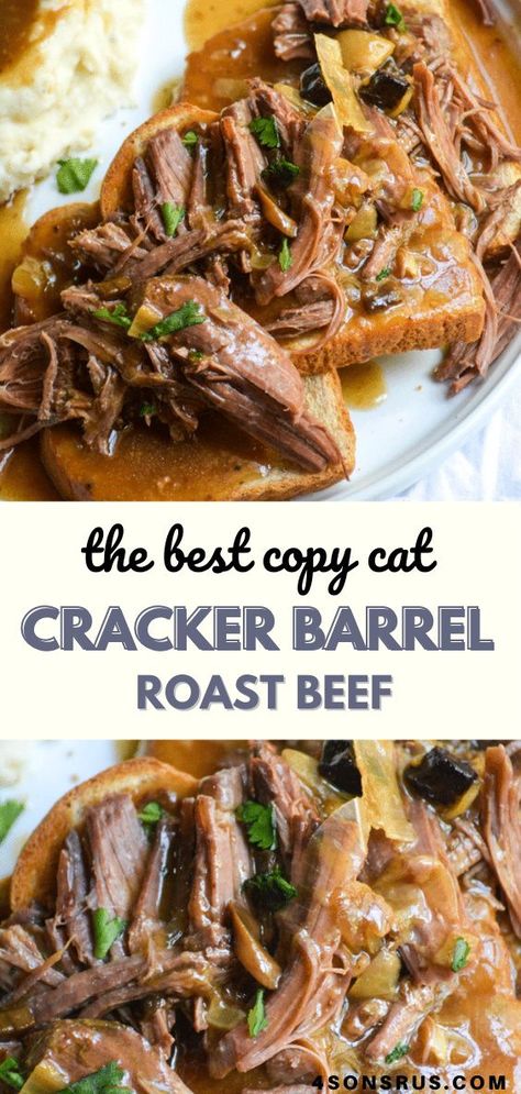 Copy cat Cracker Barrel roast beef lets you enjoy the classic restaurant dish at home. This tender pot roast is full of flavor and smothered in a rich gravy you’ll love. The perfect comfort food for Sunday night dinners! #crackerbarrel #copycat #recipe Sunday Night Crockpot Dinners, Sunday Night Meals, Southern Pot Roast Recipes, Healthy Sunday Dinner Recipes, Memphis Pot Roast Crockpot, Cracker Barrel Dinner Recipes, Sunday Beef Dinner Ideas, Moist And Tender Beef Roast, Old Fashioned Roast Beef