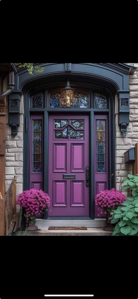 Purple Doors Front House, Plum Front Door, Doors Colors, House Doors Colors, Brown House Exterior, Purple Front Doors, Spanish Hacienda, Blue Front Door, Purple Door