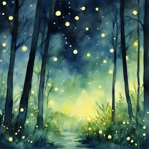 Step into a world of enchantment under the starlit canopy of our forest at night. ✨🌲 Let the flickering glow of fireflies guide you through the darkness, illuminating the path to wonder and magic. Experience the beauty of the night forest in our captivating scenery collection. https://prismplay.etsy.com #wallart #natureinspired #printables #watercolor Magical Forest Watercolor, Dark Night Painting, Watercolor Fireflies, Firefly Watercolor, Whimsical Watercolor Art, Enchanted Forest Watercolor, Night Forest Painting, Mystical Forest Art, Enchanted Forest Painting