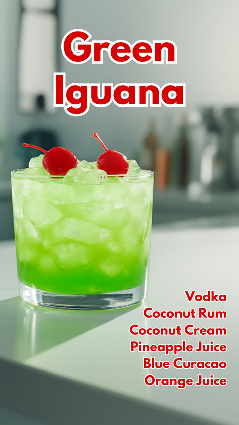 Green Iguana Coconut Liquor Recipes, Coconut Vodka Drinks, Green Drinks Alcohol, Green Alcoholic Drinks, Mixed Drinks Alcohol Recipes, Coconut Cocktails, Green Cocktails, Coconut Rum Drinks, Cocktail Cards