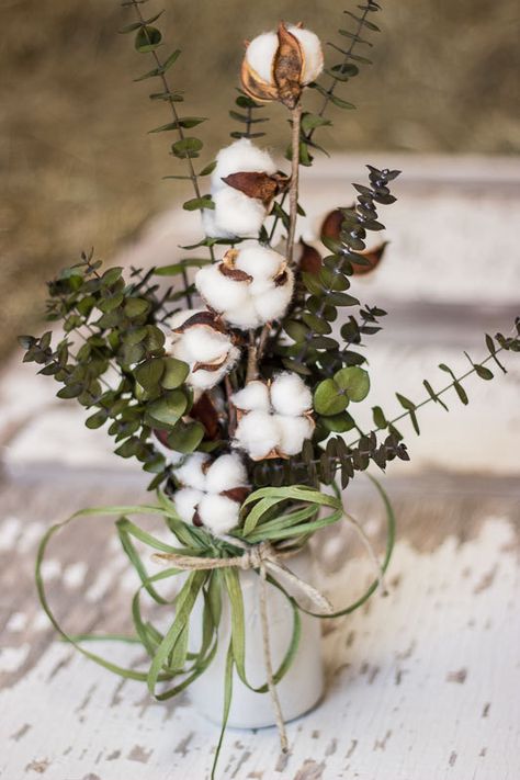 Rustic Kitchen Table, Cotton Bolls, Rustic Kitchen Tables, Eucalyptus Stems, Mason Jar Bathroom, Cotton Decor, Cotton Boll, Mason Jar Flowers, Green Eucalyptus