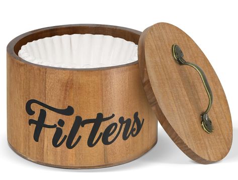 PRICES MAY VARY. ✨FARMHOUSE DECOR: The perfect way to hide unsightly coffee filters without taking up space anymore! Coffee filter holder featuring a vintage distressed finish and classic cursive black lettering, our coffee filter storage basket come alive with an attractive country style that gives a retro feel and keeps the kitchen warm and beautiful. This will look great on your counter and makes displaying the coffee filter basket fun. 💪STURAY AND DURABLE: The coffee filter holder for the c Coffee Counter Station, Coffee Shop Decor Ideas, Coffee Bar Counter, Coffee Filter Storage, Coffee Filters Storage, Lavender Kitchen, Coffee Zone, Fancy Kitchen, Coffee Basket