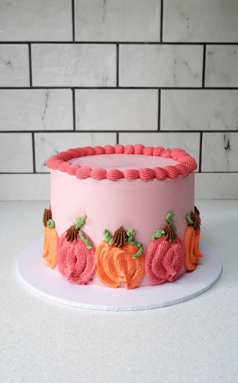 An autumnal birthday cake decorated with pink and orange buttercream pumpkins | Autumn birthday cake | Fall birthday cake | Green Kitchen Cakes | Bespoke Wedding and Celebration Cakes Pumpkin Unicorn Cake, November Birthday Cakes For Women, October Birthday Cakes For Women, Pumpkin Birthday Cake Girl, November Birthday Cake Ideas, Fall First Birthday Cake, Pumpkin Decorated Cake, Buttercream Pumpkins, Pumpkin 1st Birthday Cake