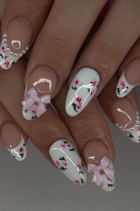 Acrylic Almond Nails for Spring Nail Acrylics Ideas, Cute Simple Back To School Nails Designs, Dainty Girly Nails, Nails Design Funky, Spring Nail Sets Almond, Nail Ideas Flowers Floral Design, Almond Nails Acrylic Design, Cool Nail Inspo Spring, No Design Nails