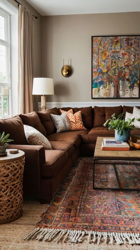 Brighten up your space with these 17 chocolate brown couch living room ideas featuring vibrant accents. From colorful pillows to bold area rugs, these tips show how to add personality and energy to your room while keeping the warm tones of your couch as the focal point. Brown Seats Living Room Decor, Maroon Home Decor, Desert Color Palette Living Room, Colored Couch Living Room Ideas, Dark Brown Couch Living Room Ideas Boho, Living Room Designs With Color, Couch Inspo Living Room, Brown Couch Living Room Ideas Boho, Living Room Colors With Brown Couch