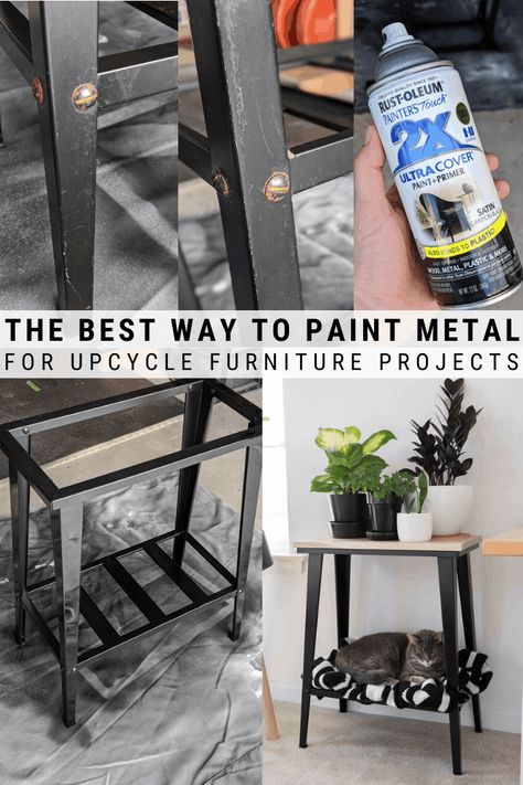 Learn how to spray paint metal, including how to prep metal for spray paint, as well as how to drill through metal using a regular cordless drill! Spray Paint Metal Furniture, Best Spray Paint For Metal, Spray Paint Metal Shelves, Best Black Spray Paint For Metal, Paint For Metal Surfaces, How To Paint Metal Chairs, Black Spray Paint Ideas, Metal Painting Ideas, How To Spray Paint Metal