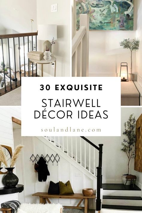 Elevate your stairwell to new heights of elegance with exquisite decor ideas that transform this transitional space into a majestic feature of your home. Introduce a grand runner rug that cascades down the stairs, adding warmth and texture, while wall sconces along the stairwell illuminate the path and add an air of sophistication. Hang a series of art or family photos in matching frames for a personal touch that draws the eye upward. Consider installing ornate railings or painting the stair ris Landing Of Stairs Decor, Stairway Platform Decor, Decorating Bottom Of Stairs, Styling A Staircase Wall, Stairwell Corner Decor, Wall Decor Top Of Stairs, Wall Over Stairs Decor, Stairwell Art Ideas, High Stairwell Wall Decor