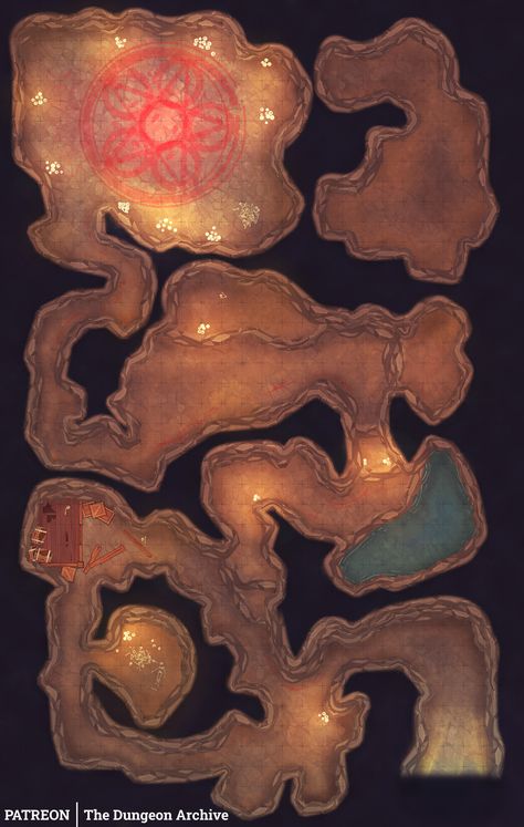 You can feel something ominous in this cave. There is some blood in its passages, some corpses disposed of, and a very unpleasant surprise at the end. This DnD battlemap size is 26x41. You can check all of this map variations in our Patreon. Cave System Map Dnd, Desert Cave Battlemap, Dnd Cave Battle Map, Dnd Maps Caves, Cave Map Rpg, Dnd Desert Map, Dnd Explorer, Cave Dnd Map, Dnd Cave Map