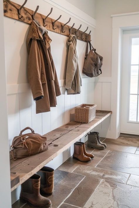 Small Farmhouse Interior Design, Rustic Farmhouse Interior Ideas, Mud Room Coat Hook Ideas, Mud Room Living Room Combo, Entry Mud Room Ideas, Rustic Modern Farmhouse Interior, Country Home Renovation Ideas, Mudroom Modern Farmhouse, No Mud Room Solutions