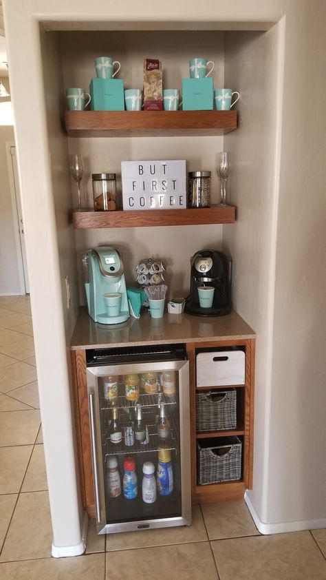 Coat closet turned Tiffany coffee bar ❤❤❤ Kitchen Layout With Coffee Bar, Coffee Bar Ideas In Bedroom, Turn Pantry Into Coffee Bar, Coffee And Tea Bar Small Space, Studio Apartment Coffee Bar, Closet Beverage Station, Corner Wine Bar Ideas, Small Office Coffee Bar, Closet Coffee Station