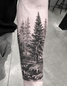 Forest Tattoo Sleeve, Forest Black And White, Natur Tattoo Arm, Scenery Tattoo, Tree Tattoo Men, Black And White Tattoo, Nature Tattoo Sleeve, Sanskrit Tattoo, Deer Tattoo