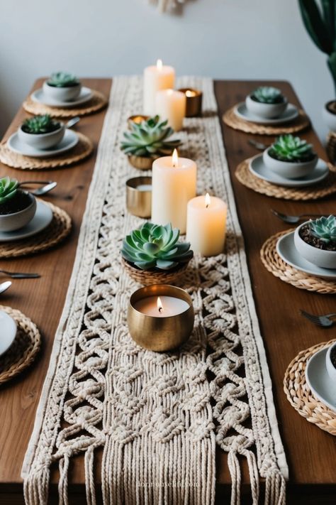 Transform Your Space with These Boho Chic Table Decor Pieces! If You're Looking for Simple Yet Stylish Ideas to Elevate Your Home Aesthetic, We've Got You Covered. Explore How Adding a Touch of Bohemian Flair to Your Tabletop Can Make All the Difference. Get Inspired and Shop Now! Dining Table With Runner Decor, Boho Dining Room Table Decor, Macrame Table Runners, Boho Theme Table Decor, Simple Boho Table Decor, Boho Dining Table Decor, Boho Wedding Table Decorations, Chic Table Decor, Simple Table Decor