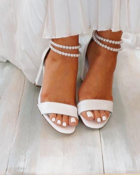 not my pic • edited by me Wedding Heels Brides, Heels Block Heel, Heels Pearl, White Heels Wedding, Bride Heels, Bohemian Weddings, Pearl Wedding Shoes, Weddings Beach, Beach Wedding Shoes