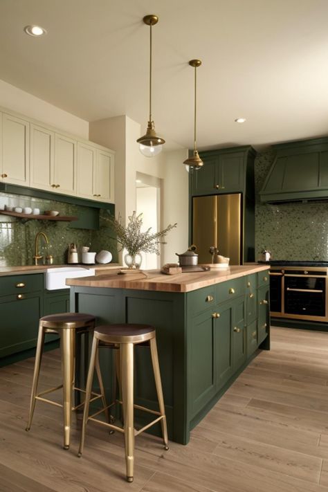 Emerald And Gold Interior, Gold Accents Kitchen Decor, Dark Green Kitchen Accents, Green Brown Kitchen Cabinets, Kitchen Design Dark Green, Black And Emerald Green Kitchen, Copper Green Kitchen, Pine Green Kitchen, Green Forest Kitchen