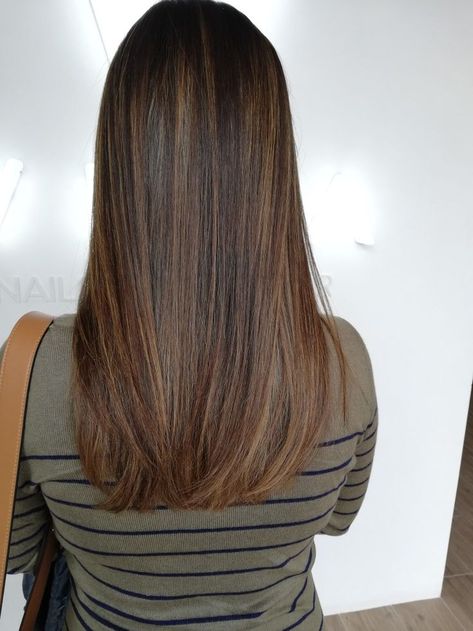 Straight Hair One Length, One Length Straight Hair, Mid Chest Hair Length, Blended Highlights Brown Hair, Mid Back Length Hair With Layers, Mid Length Brown Hair With Highlights, Chest Length Hair, Mid Length Straight Hair, Middle Length Hair