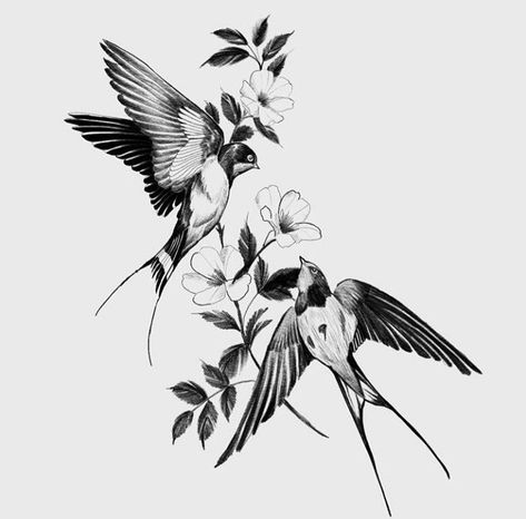 Bird And Flower Tattoo, Sparrow Tattoo Design, Swallow Tattoo Design, Bird Tattoo Sleeves, Bird Tattoos For Women, Vogel Tattoo, Sparrow Tattoo, Flower Tattoo Designs, Birds Tattoo