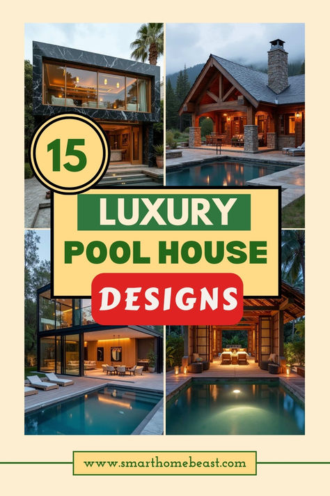 A collage of four luxury pool houses featuring modern black marble design, rustic mountain lodge style, contemporary glass structure, and tropical open-air pavilion, all with elegant pools and high-end finishes. Outdoor Living Space With Pool, Pool House Interior Design, Pool House Guest House Combo, Luxury Pool House, Pool House Ideas, Pool With Pool House, Pool House Design, Pool House Designs, Villa Pool