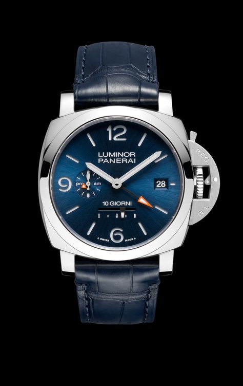 The Panerai Luminor Dieci Giorni GMT PAM01482 indicates ‘local time’ and ‘home time’ and includes an AM-PM indicator. The inventory of functions includes a date, small seconds and an ingenious linear power-reserve display. Housed in a 44 mm steel case, the P.2003 calibre features three barrels and a variable-inertia balance. However, the headline act is undoubtedly the 10-day power reserve, allowing the watch to run a long time without the need for refuelling.  #panerai @paneraiofficial Panerai Luminor, Watch Review, Fine Watches, Luxury Watches