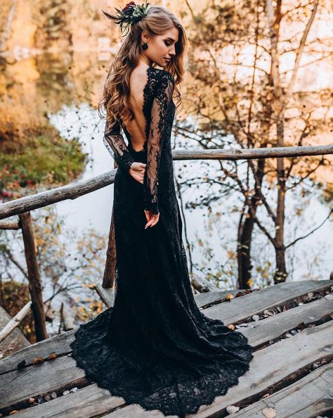 Black Wedding Dresses With Edgy Elegance ★ black wedding dresses sheath v back with illusion long sleeves lace with train A Black Wedding, Black Lace Wedding Dress, Black Lace Wedding, Black Wedding Gowns, Backless Lace Wedding Dress, Reception Dresses, Black Wedding Dress, Dark Wedding, Bridal Dresses Lace