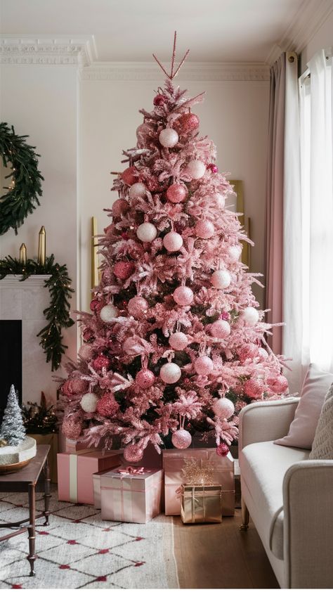 Create a chic holiday look with a pink-themed Christmas tree! Pair soft blush tones with metallics like gold or silver, or go bold with fuchsia and deep plum accents. Perfect for adding elegance and charm to your festive decor! #PinkChristmasTree #ElegantHolidayDecor #ChristmasColorSchemes Elegant Christmas Tree Color Schemes, Pink Gold Christmas Tree, Pink Candy Christmas, Thanksgiving Living Room Decorations, Color Schemes Pink, Pink Christmas Ideas, Pink Gold Christmas, Christmas Vision Board, Christmas Tree Color Schemes