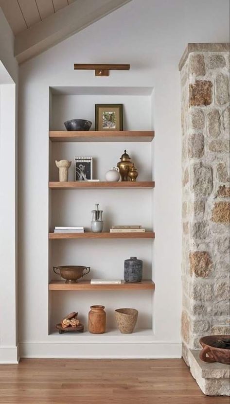 Organic Modern Built In Shelves, Wall Shelves Book, Built In Wall Niche, Stucco Built In Shelves, Built In Wooden Shelves, Thick Shelves Living Room, Scandi Shelf Styling, Arch Shelf In Wall, Showcase Decor Ideas