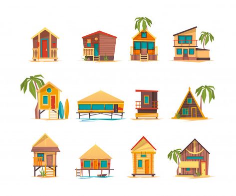 Tropical Bungalow, Tropical Beach Houses, House Funny, Vacation Tropical, Sea Coast, Printable Business Cards, Island House, Tropical House, House Illustration